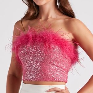 Pink Glitter Sparkle Feather Trim Strapless Crop top
